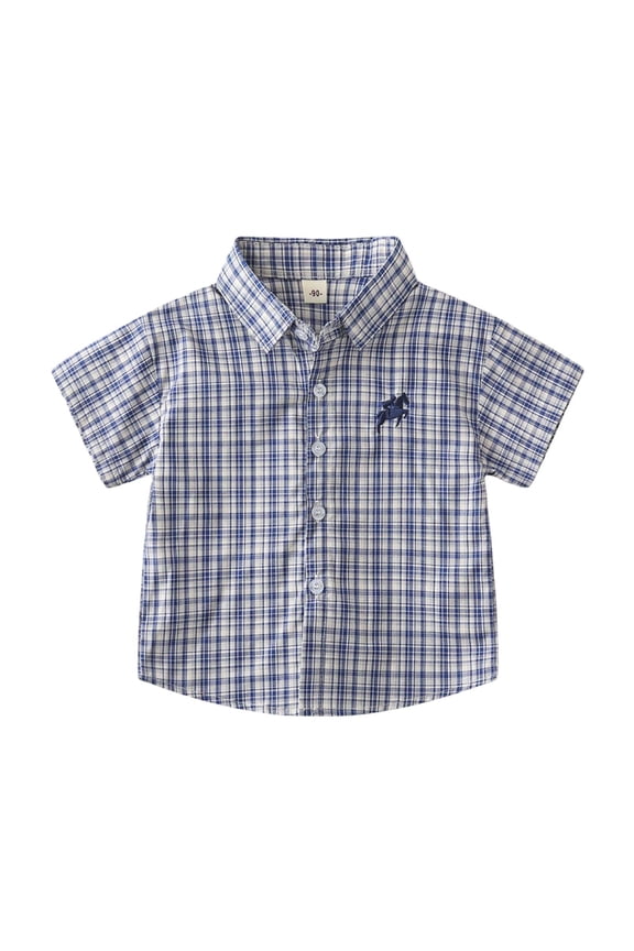 Children Boys' Tshirt Casual Short Sleeve Shirt Summer Plaid Print Top Comfortable Breathable Beach Fashion Tops , Dark Blue, 2-3 Years