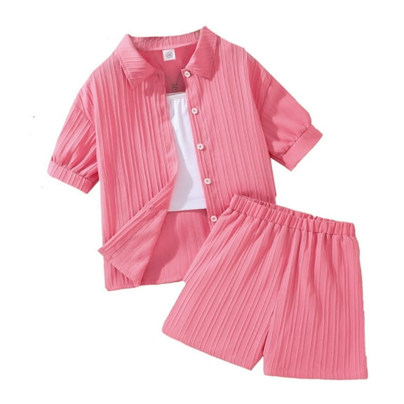 RUTAYY Children Girls 2 Piece Outfits Sets Button Down Short Sleeve Collared Shirt Shorts Set 7 13 Years Trendy Clothes, Pink, 10-11 Years