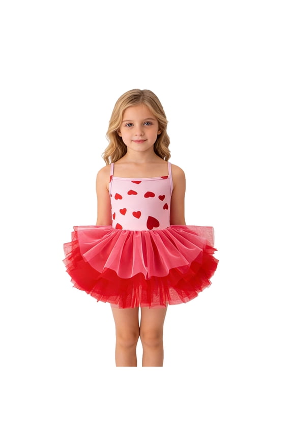 Children Girls Ballet Dress Heart Pattern Square Collar Sleeveless Tutu Party Dance Performance Beach Vacation Dresses