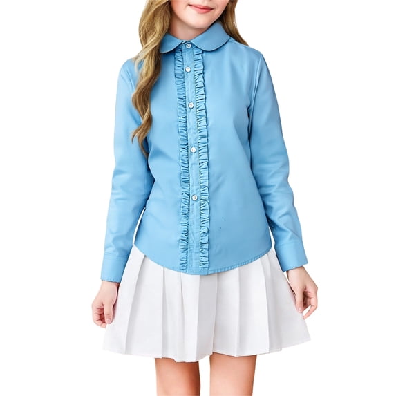 RUTAYY Children Girls Blouse Long Sleeve Solid Color Ruffle Trim Shirt School Performance Daily Wear Trendy Versatile Shirts