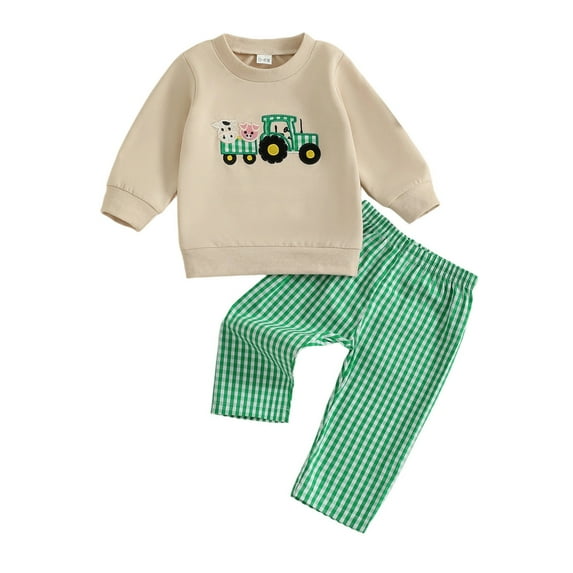 RUTAYY Children Girls Boys Outfit Sets Farm Animal Embroidered Long Sleeve Sweatshirt and Plaid Pants Casual 2-Pack Classic Trendy Clothing Sets
