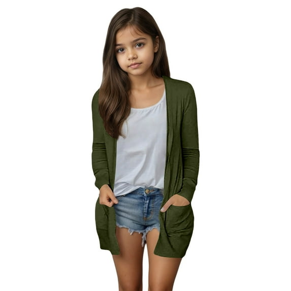 RUTAYY Children Girls Cardigan Long Sleeve Solid Color Casual Wear with Pocket Soft Comfortable Outerwear Playful Vacation Sweater