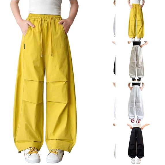RUTAYY Children Girls Cargo Pants Solid Color with Pockets Drawstring Lightweight Loose Wide Leg Joggers with Draped Pleats Casual Wear Trendy Travel Trousers
