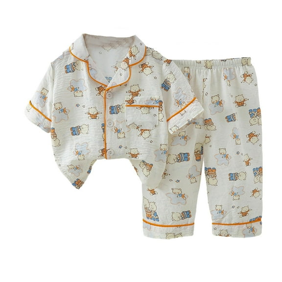 RUTAYY Children Girls Clothing Pajama Sets Cute Print Turndown Collar Long Sleeve with Button Tops Elastic Waist Pants Sleepwear Outfit Comfortable Trendy Loungewear