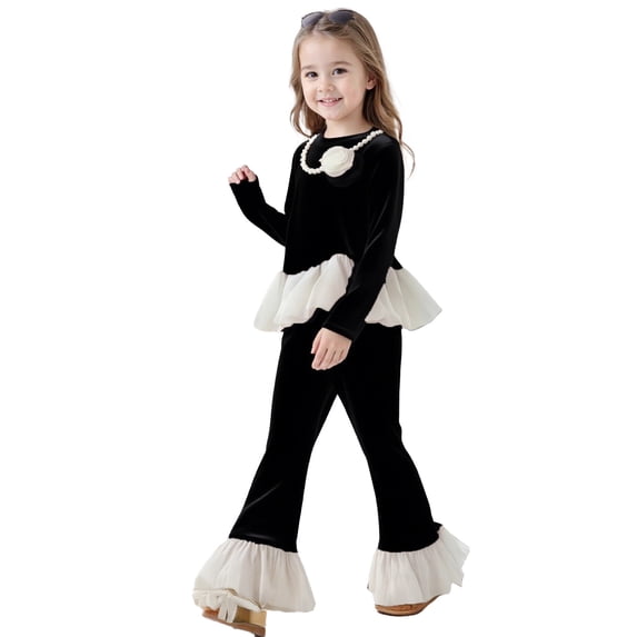 RUTAYY Children Girls Clothing Sets Autumn Long Sleeve Tops with Ruffle Hem and Flared Pants 2-Pack Includes Necklace Leisure Stylish Outfit Sets