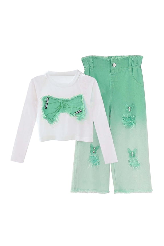 Children Girls Clothing Sets Long Sleeve with Bow and Ripped Denim Jeans 2-Pack with Pocket Casual Classic Outfit Sets