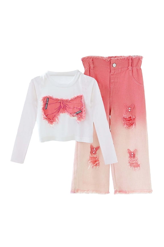 Children Girls Clothing Sets Long Sleeve with Bow and Ripped Denim Jeans 2-Pack with Pocket Relaxed Holiday Outfit Sets