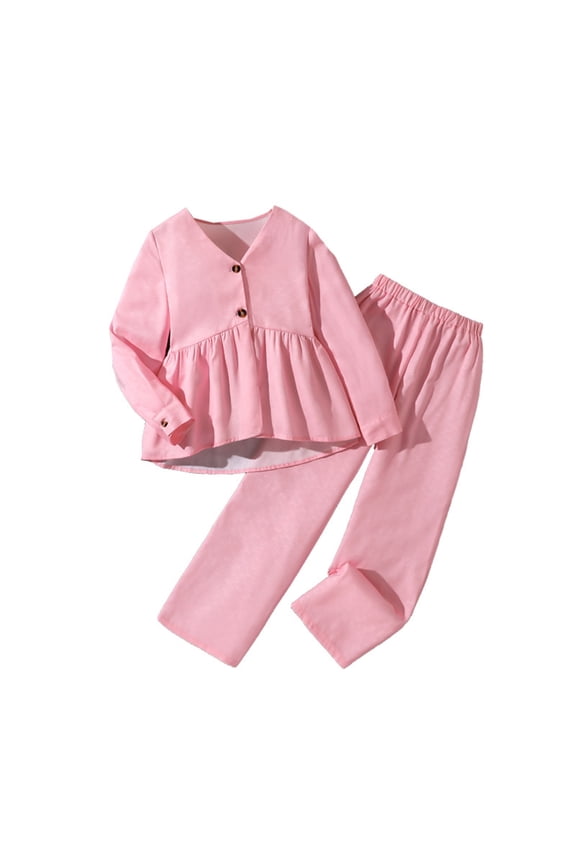 Children Girls Clothing Sets Solid Color V-Neck Solid Color Long Sleeve Tops Long Pants 2-Pack Fashion Travel Outfit Sets