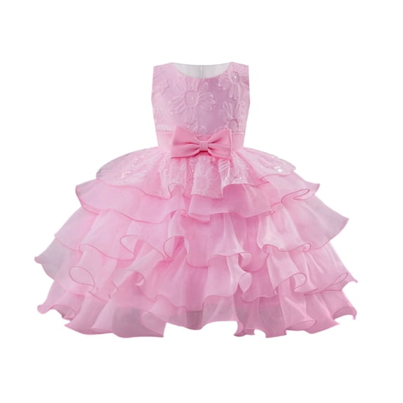 RUTAYY Children Girls Dress 3D Floral Embroidery Bow Tiered Gown Party Solid Color Soft Comfortable Chic Holiday Dresses