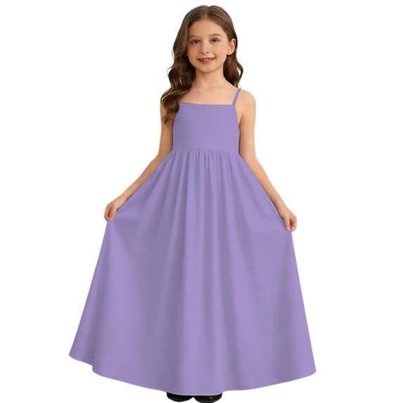 RUTAYY Children Girls Dress Backless Solid Color Sleeveless Casual Spaghetti Strap Loose Flowy Maxi Sundress Beach Vacation Dresses