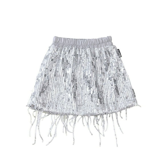 RUTAYY Children Girls Dress Fringe Sequin Skirt Summer Chic A-Line Skirt Boho Chic Dress, Silver, 4-5 Years