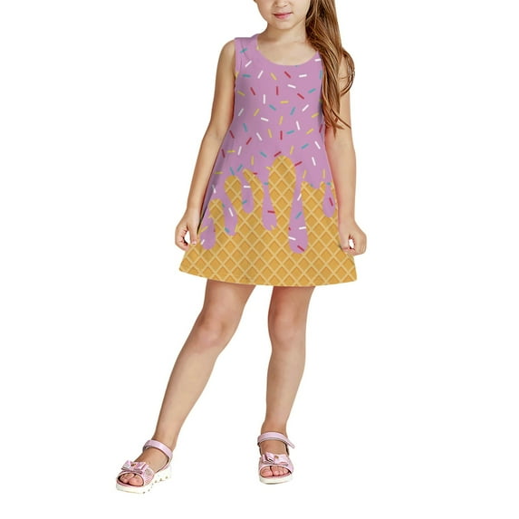RUTAYY Children Girls Dress Ice Cream Cake Print Sleeveless Round Neck A-Line Dreamy Dress, Light Purple, 5-6 Years