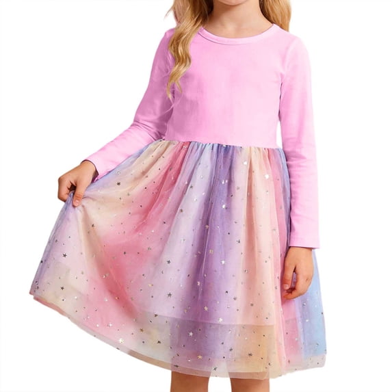 RUTAYY Children Girls Dress Long Sleeve Round Neck Colorful Casual Soft Comfortable Daily Wear Playful Vacation Dresses