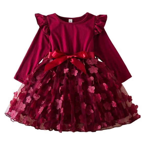 RUTAYY Children Girls Dress Long Sleeve Round Neck Flower Decoration Ruffles Bowknot Mesh Trendy Vibrant Dresses