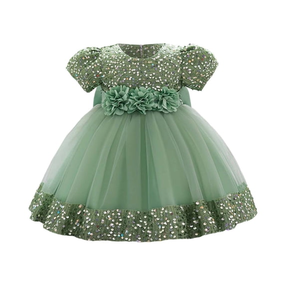 RUTAYY Children Girls Dress Long Sleeve Round Neck Sparkling Bowknot Floral Party Gown Comfortable Breathable Trendy Vacation Dresses