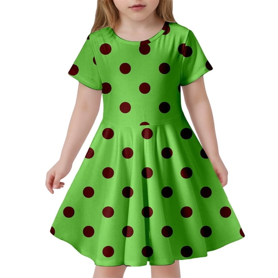 RUTAYY Children Girls Dress Polka Print Slim Fit Short Sleeve Crew Neck Comfortable Breathable Casual Party Wear Vacation Travel Dresses