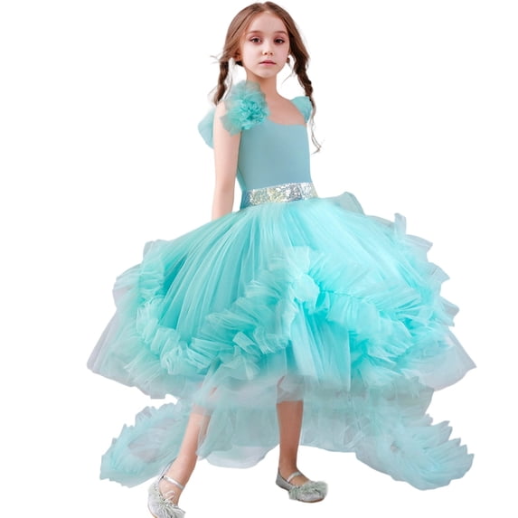 RUTAYY Children Girls Dress Removable Train Puff Skirt Sleeveless Formal Performance Party Vacation Playful Dresses