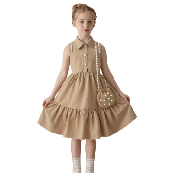 RUTAYY Children Girls Dress Sleeveless Turndown Collar Party Dress Solid Color Formal Gown Comfortable Resort Holiday Dresses