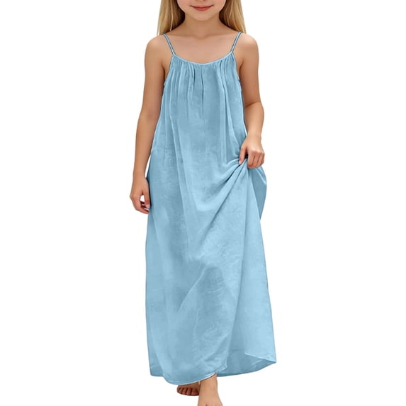 RUTAYY Children Girls Dress Solid Color Round Neck Sleeveless Backless Loose Fit Home Wear Summer Elegant Holiday Dresses