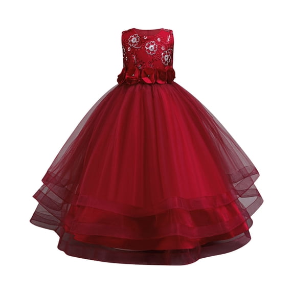 RUTAYY Children Girls Dress Solid Color Sleeveless Embroidery Floral Gown Wedding Birthday Party Comfortable Breathable Chic Holiday Dresses