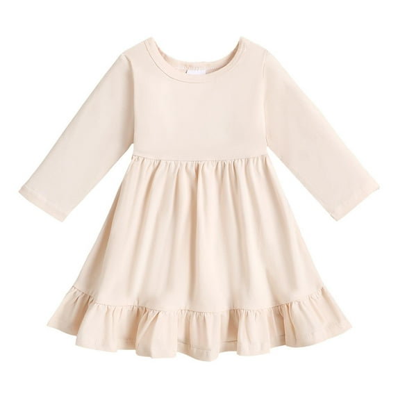 RUTAYY Children Girls Dress Spring Solid Color Long Sleeve Round Neck A-Line Skirt Travel Elegant Dresses