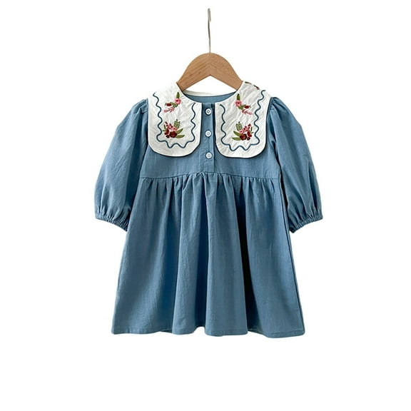 RUTAYY Children Girls Dress Turndown Collar Embroidered Floral Long Sleeve Daily Wear Playful Vacation Dresses