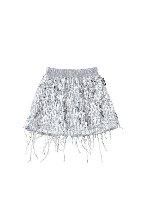 Children Girls Dresses Fringe Sequin Skirt Summer Chic A-Line Skirt Fashion Elegant Dresses, Silver, 7-8 Years