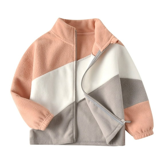 RUTAYY Children Girls Fuzzy Jacket Stand Collar Long Sleeve Polar Fuzzy Color Block Indoor Outdoor Activities Trendy Travel Coat