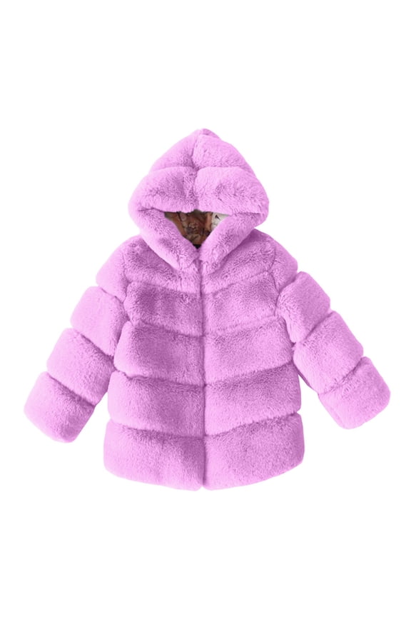 Children Girls Hooded Jacket Fall Winter Fuzzy Solid Color Long Sleeve Warm Indoor Outdoor Activities Chic Casual Coat