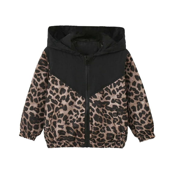 RUTAYY Children Girls Hooded Jacket Long Sleeve Leopard Print Windproof Zipper Outwear Soft Comfortable Vibrant Playful Coat