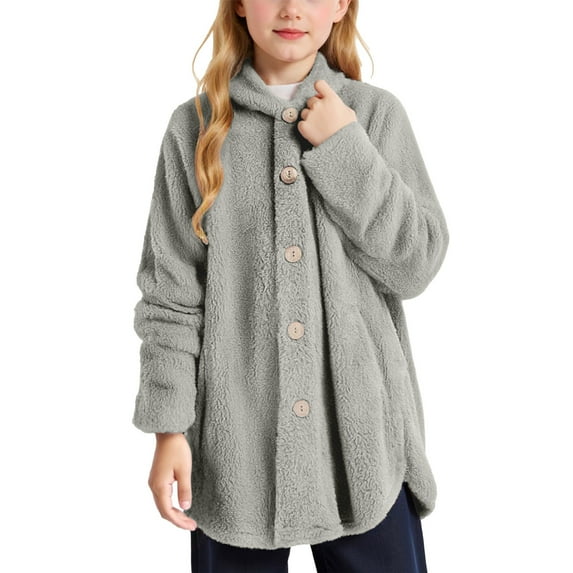 RUTAYY Children Girls Hooded Jacket Long Sleeve Solid Color Soft Plush Cozy Fall Winter Outerwear with Pockets Warm Leisure Versatile Coat
