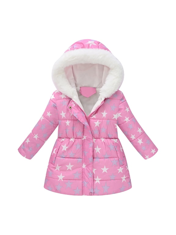 Children Girls Hooded Jacket Long Sleeve Star Print Winter Thicken Windproof Zipper Warm Outwear Chic Elegant Coats