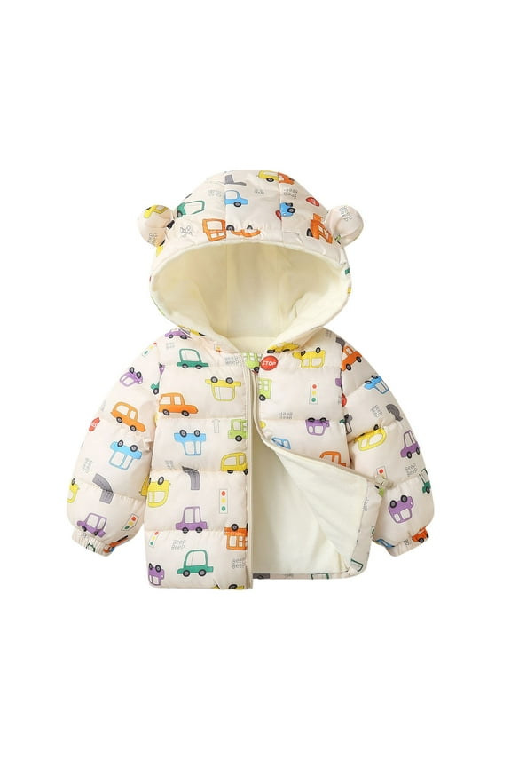 Children Girls Hooded Jacket Long Sleeve Winter Cute Animal Go Kart Print Thickened Warm Plush Outerwear Vacation Coat