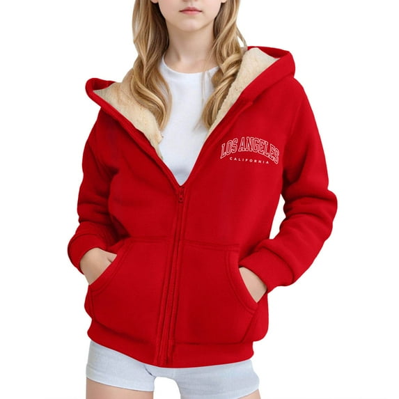 RUTAYY Children Girls Hooded Jacket Long Sleeve Winter Zip Up Plush Fashionable Print Outerwear Cozy Pockets Leisure Versatile Coat