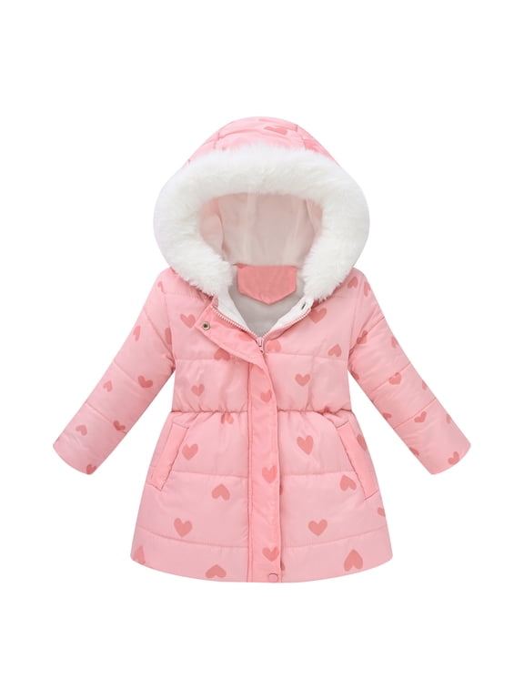 Children Girls Hooded Jacket Winter Love Heart Print Long Sleeve Thicken Windproof Zipper Warm Outwear Classic Trendy Coats