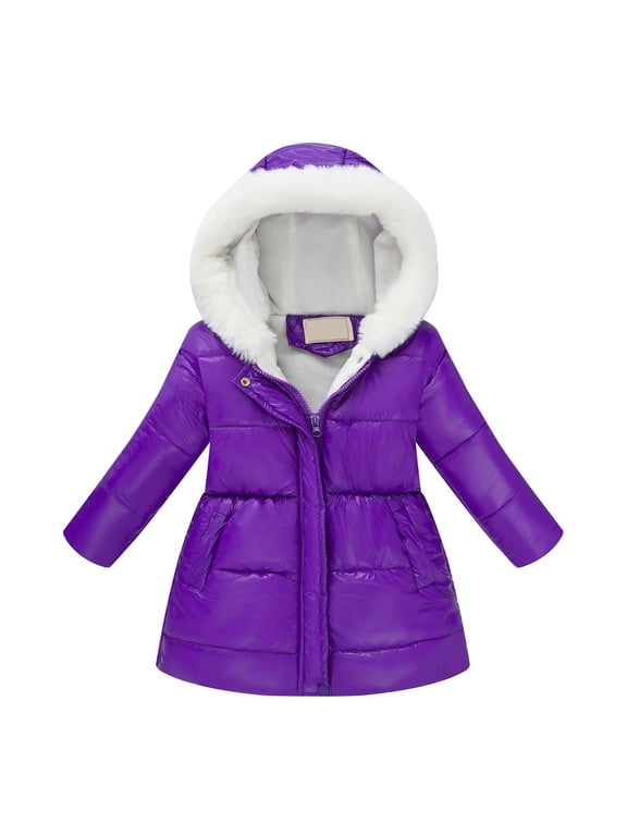 Children Girls Hooded Jacket Winter Warm Zip Up Long Sleeve Slim Fit Padded Solid Color Outwear Cold Weather Playful Vacation Coats