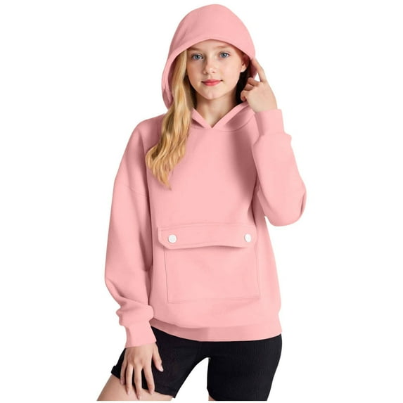 RUTAYY Children Girls Hoodies Long Sleeve with Pocket Button Closure Solid Color Fall Winter Casual Wear Leisure Versatile Hooded Sweatshirt
