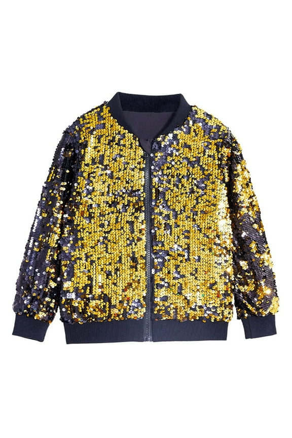 Children Girls Jacket Sequin Solid Color Long Sleeve Zip Up Party Shiny Clothes Chic Holiday Coat