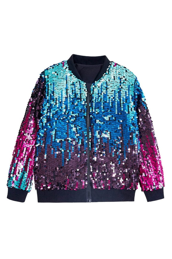 Children Girls Jacket Sequin Solid Color Long Sleeve Zip Up Party Shiny Clothes Holiday Vibrant Coat