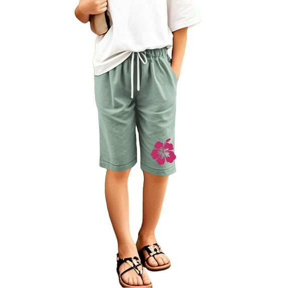 RUTAYY Children Girls Knee Length Shorts floral Printed Solid Color Pants Have Elastic Waist with Drawstring Pockets Casual Daily Wear trendy Trousers