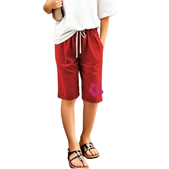 RUTAYY Children Girls Knee Length Shorts floral Printed Solid Color Pants Have Elastic Waist with Drawstring Pockets Casual Daily Wear trendy Trousers