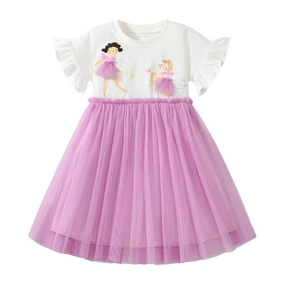 RUTAYY Children Girls Lace Dress Summer Short Sleeve Tiered Swing Casual Everyday Skirt , Purple, 4-5 Years