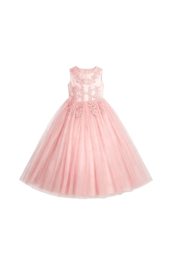Children Girls Long Dress Wedding Solid Color Crew Neck Sleeveless Formal Party Frock Breathable Comfortable Versatile Travel Dresses