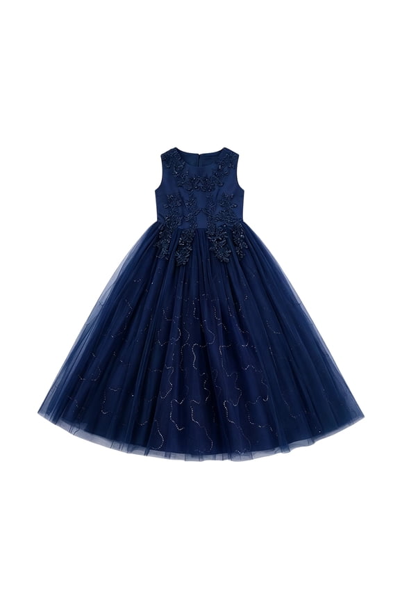 Children Girls Long Dress Wedding Solid Color Crew Neck Sleeveless Formal Party Frock Breathable Comfortable Versatile Travel Dresses