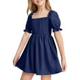 thumbnail image 1 of RUTAYY Children Girls Mini Dress Square Neck Short Sleeve Solid Color A-Line Indoor Outdoor Activities Classic Chic Dresses, 1 of 5
