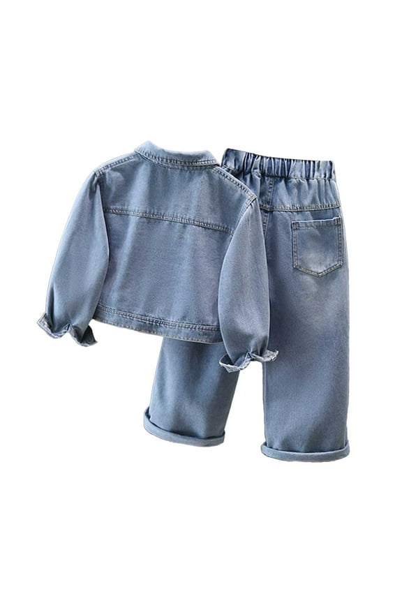 Children Girls Outfit Denim Sets Fall Lapel Buttons Printed Letters Coat Elastic Waist Trousers Stylish Outfit 2-Pack 3-13 Years Casual Clothing Sets
