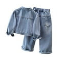 thumbnail image 1 of RUTAYY Children Girls Outfit Denim Sets Fall Lapel Buttons Printed Letters Coat Elastic Waist Trousers Stylish Outfit 2-Pack 3-13 Years Fashion Clothing, 1 of 9
