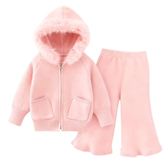 RUTAYY Children Girls Outfit Sets Cozy Long Sleeve Solid Color Hooded Cardigan with Trim and Relaxed Fit Two Pocket Knit Sweater Loungewear Trendy Classic Sets