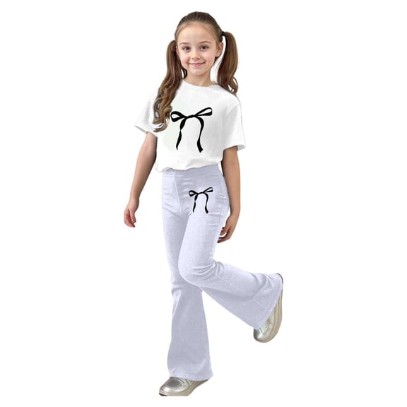 RUTAYY Children Girls Outfit Sets Flared Pants and Short Sleeve Round Neck Tops Personality Print Comfy 2 Piece Holiday Chic Sets