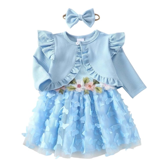 RUTAYY Children Girls Outfit Sets Floral Mesh Dress with Detachable Bow Headband and Matching Jacket Spring Trendy Vibrant Sets